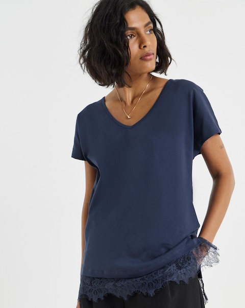 Simply Be Navy Lace Hem T-Shirt