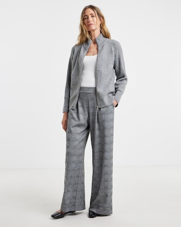 Grey Check Ponte Pull On Pleated Wide Leg Trouser