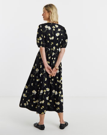 Black Floral Print Puff Sleeve Drop Waist Button Midi Dress