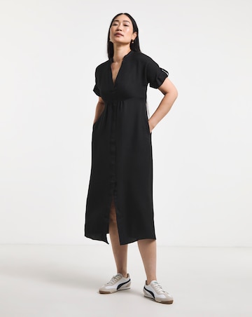 Collarless Placket Detail Smock Midi Dress