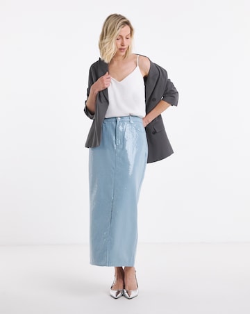 Clear Sequin Denim Midi Skirt