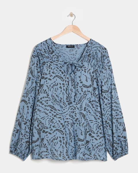 Tie Detail Ruched Long Sleeve Blouse - Blue Abstract