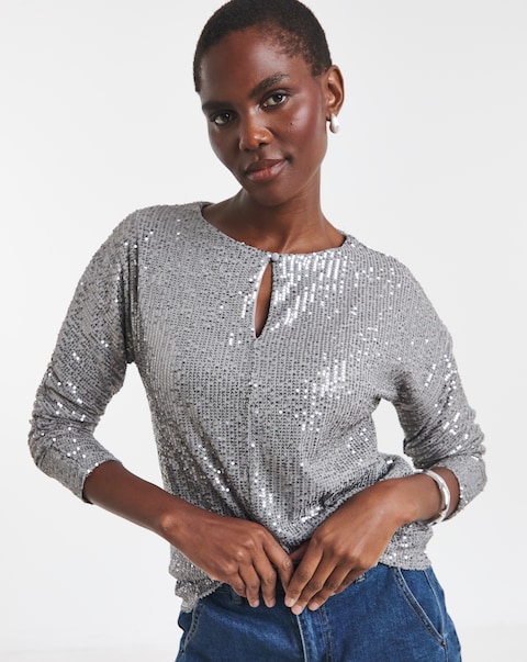 Sequin Keyhole Blouson Sleeve Top