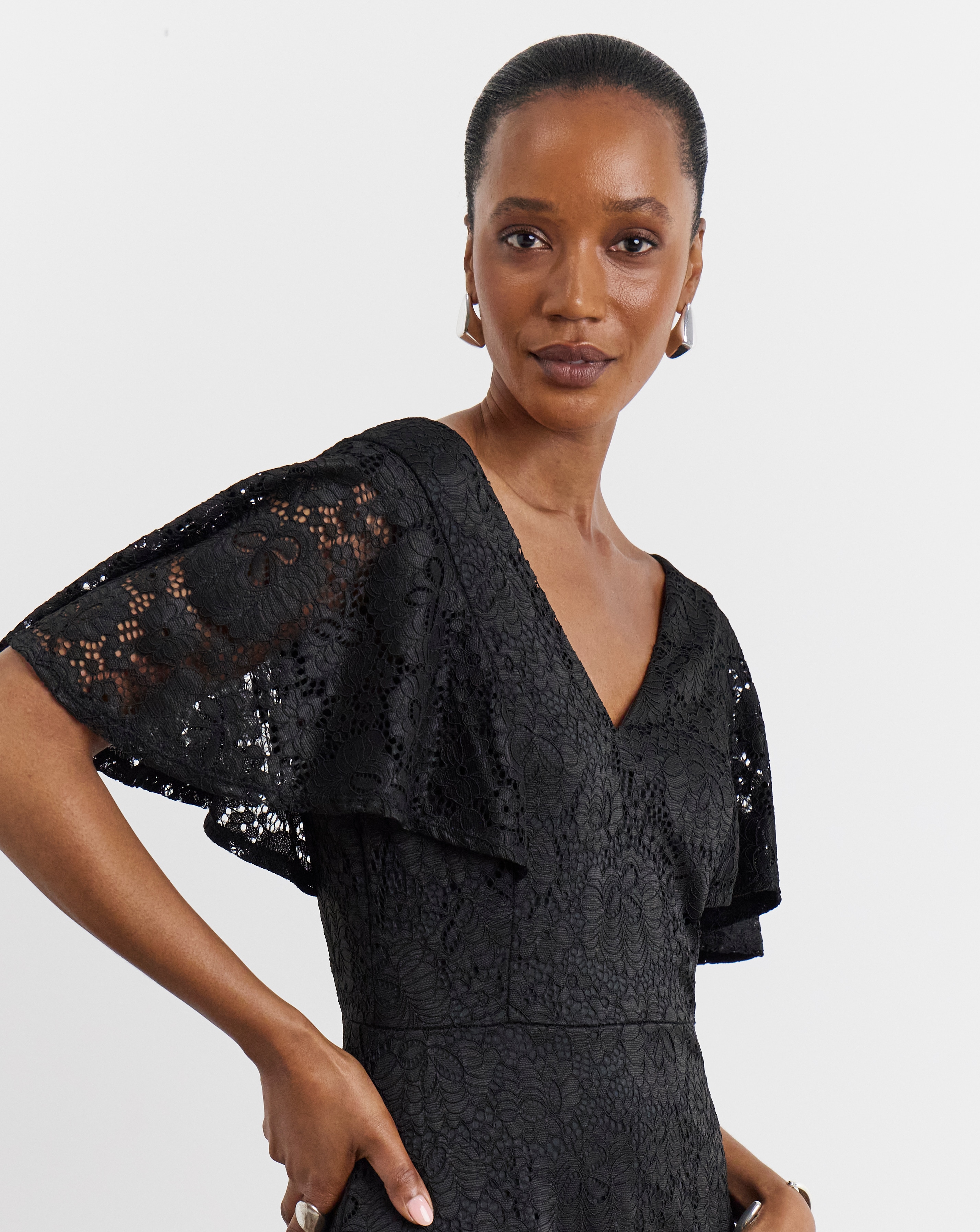 Joanna Hope Black Angel Sleeve Stretch Lace Midi Dress | JD Williams