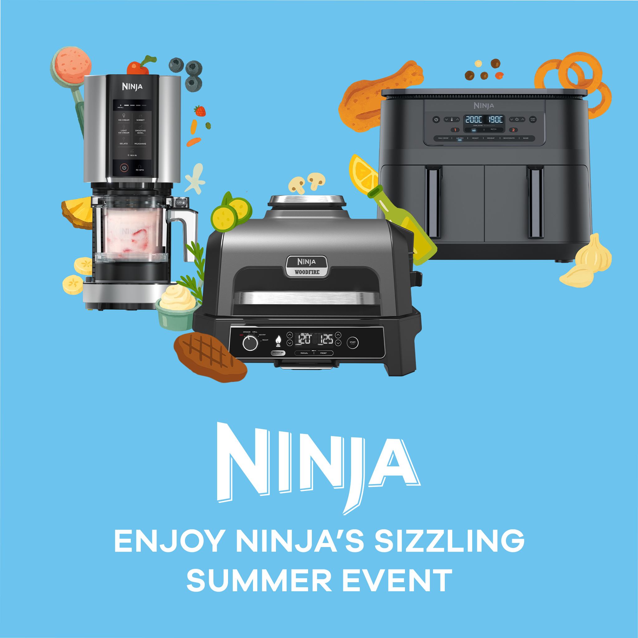 Three Ninja appliances on a blue background.