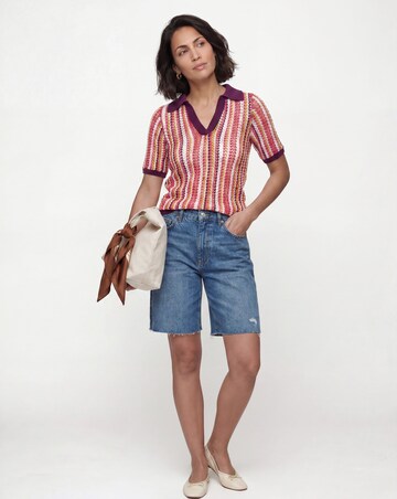 Crochet Stripe Knitted Short Sleeve Polo