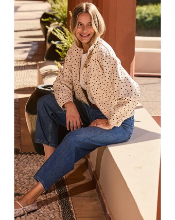 Sosandar Funnel Neck Polka Dot Denim Jacket With Gold Trims