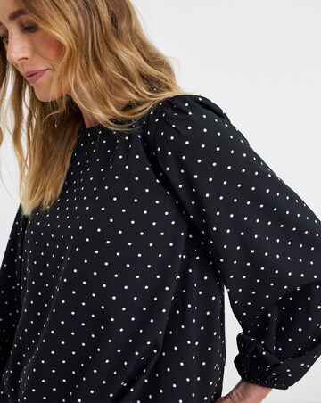 Crew Neck Blouson Sleeve Blouse - Black Spot