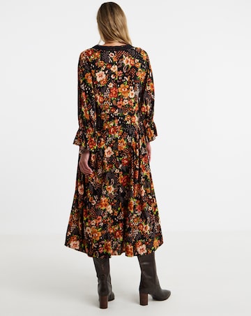 Printed Lace Trim Seam Detail Midi Dress