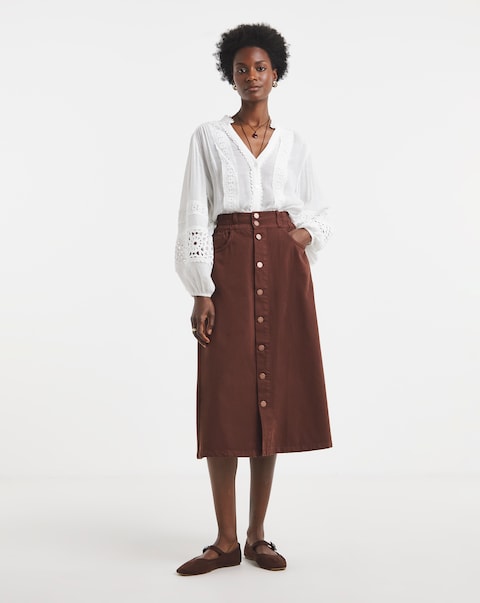 Rust Elasticated Waist Button Through Midi Skirt