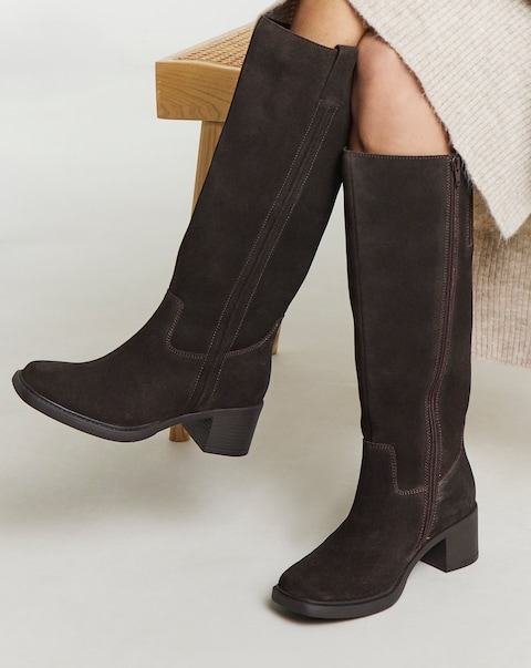 Winnie Suede Low Block Heel Knee High Boots - Wide Fit (E) & Curvy Calf