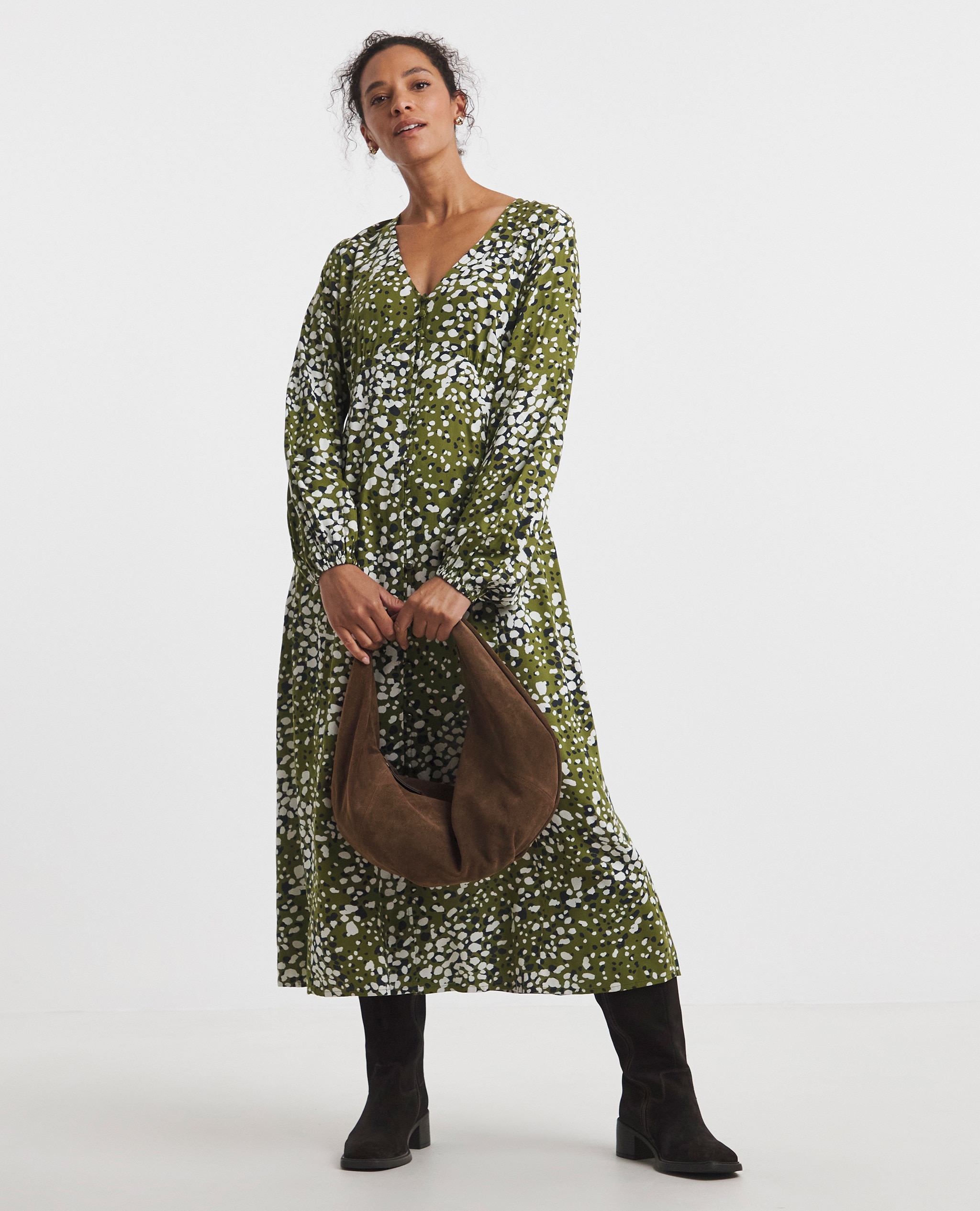 Button Through Tea Dress in Green Print