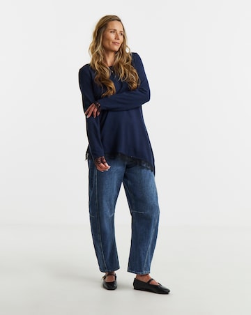 Navy Soft Touch Crew Neck Lace Aysmmetric Longline Top