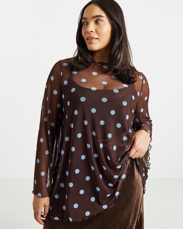 Simply Be Blue And Brown Spot Mesh Long Sleeve Asymmetrical Longline Top