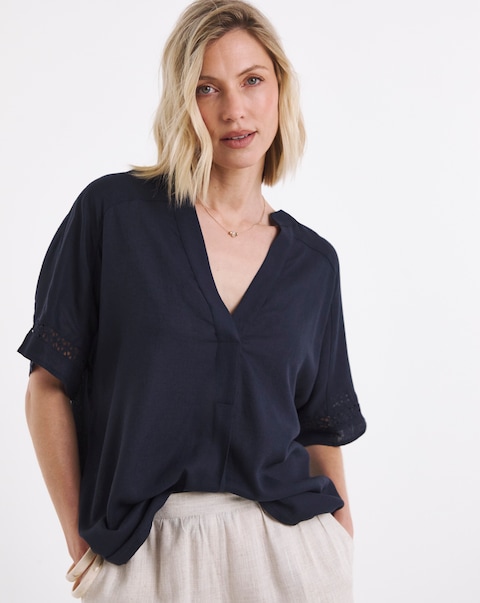 Crochet Trim Linen Mix Tunic Top