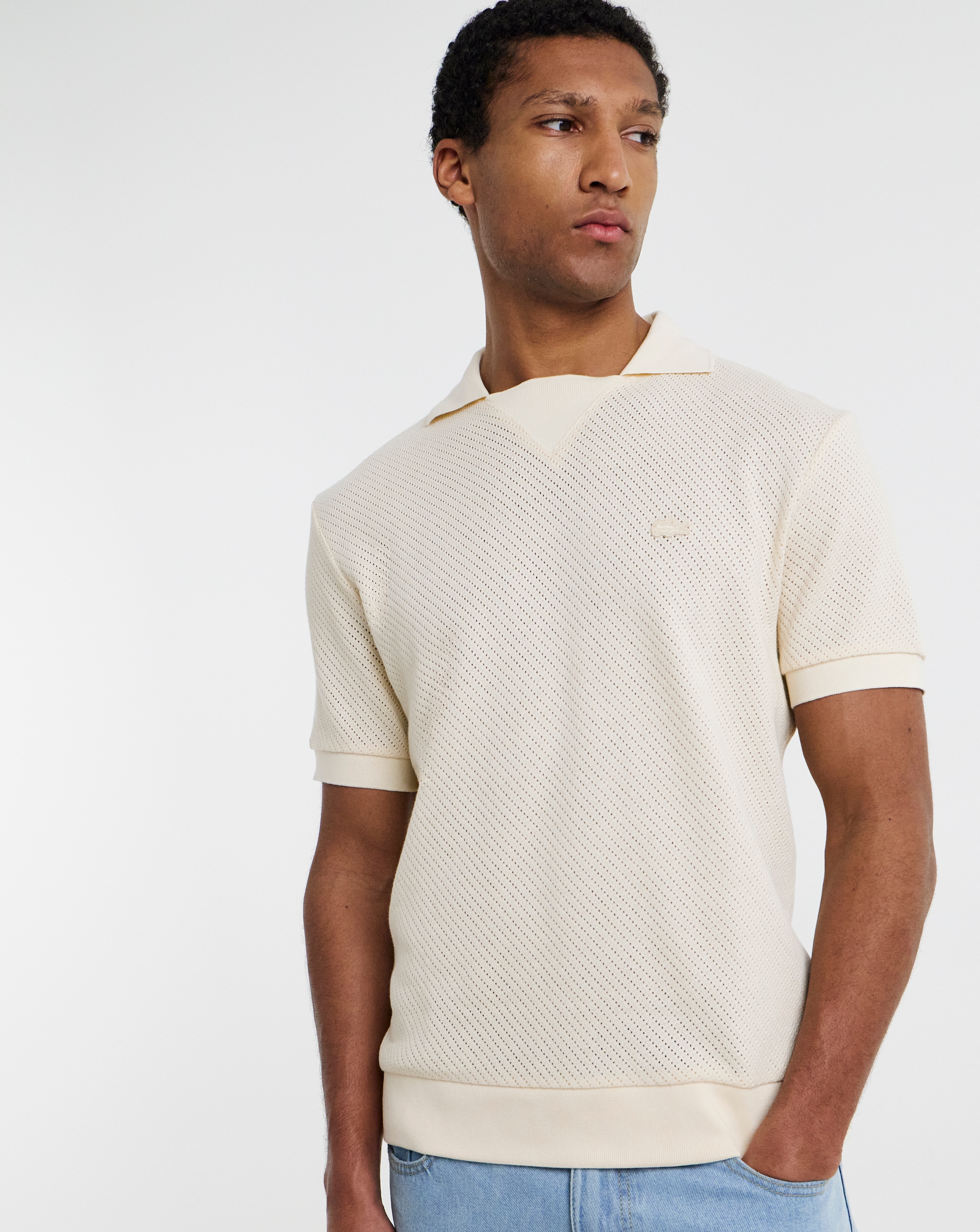 Lacoste Short Sleeve Open Neck Textured Polo - Natural | JD Williams