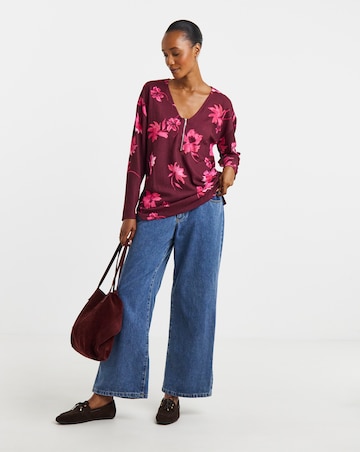 Floral Printed Zip Front Long Sleeve Longline Top
