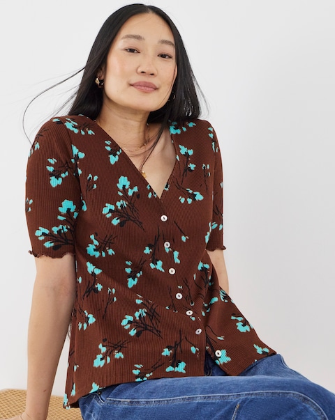 Chocolate Floral Print Short Sleeve Rib Cardigan