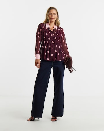 Burgundy Spot Contrast Collar Georgette Pintuck Shirt