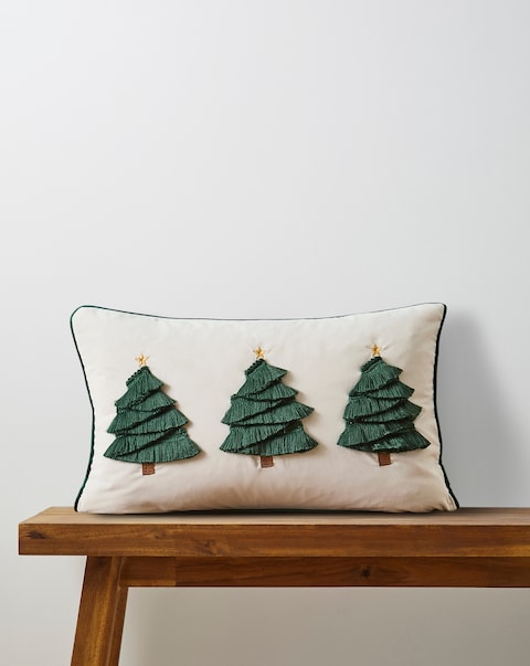 Festive Fringed Christmas Trees Embroidered Cushion