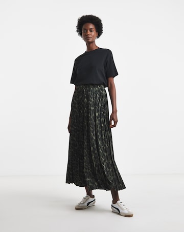 Khaki Leopard Jersey Pleated Midaxi Skirt