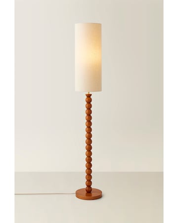 ValueLights Wyatt Wood Bobble Floor Lamp With Tall Linen Shade
