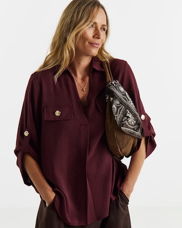 Burgundy Utility Button Detail Collar Popover Top