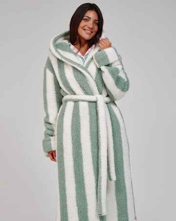 Loungeable Striped Cosy Borg Fleece Midi Hooded Dressing Gown
