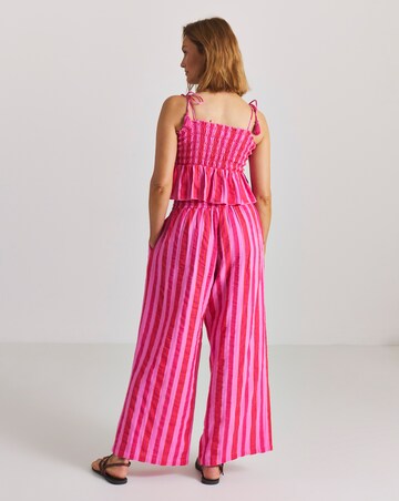 Pink Stripe Shirred Beach Top and Trouser Co-Ord Set