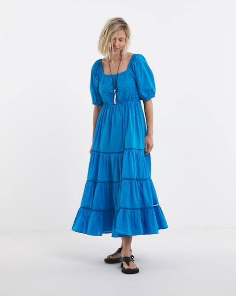 Pintuck Cotton Smock Maxi Dress