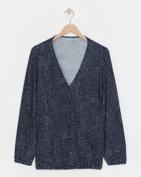 Printed Wrap Long Sleeve Bubble Hem Top