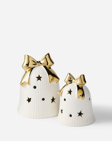 Set of 2 Assorted Size White Bells with Gold Bow