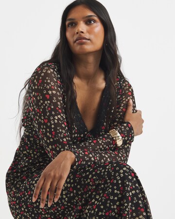 Simply Be Black Print Mesh Lace Trim Midi Dress