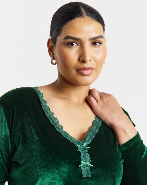 Simply Be Green Velvet Lace Trim Top