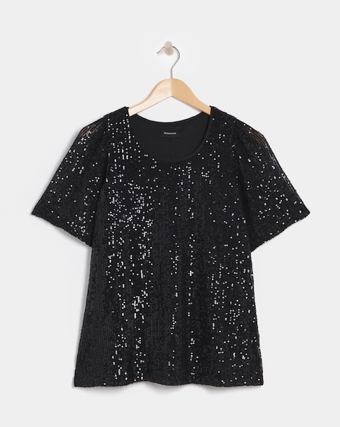 Black Sequin Angel Sleeve Top