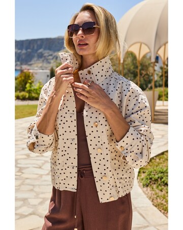 Sosandar Funnel Neck Polka Dot Denim Jacket With Gold Trims