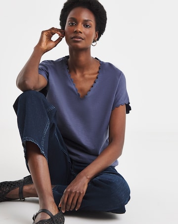 Blue Scallop V Neck Bubble Hem Top