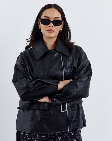 Black Relaxed Belted Faux Leather Biker Jacket