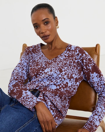 Floral Print 3/4 Sleeve Slouch V-Neck Longline Top