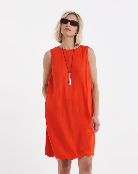 Orange Linen Shift Dress with Scallop Hem