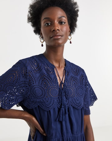 Crinkle Broderie Trim Smock Dress