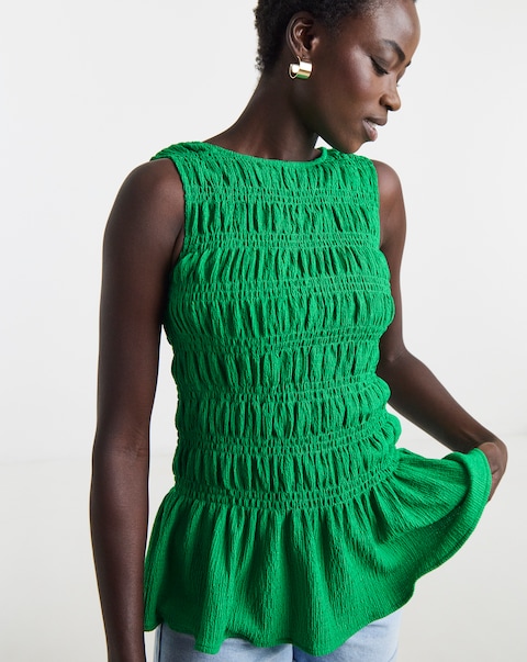 Green Shirred Sleeveless Top