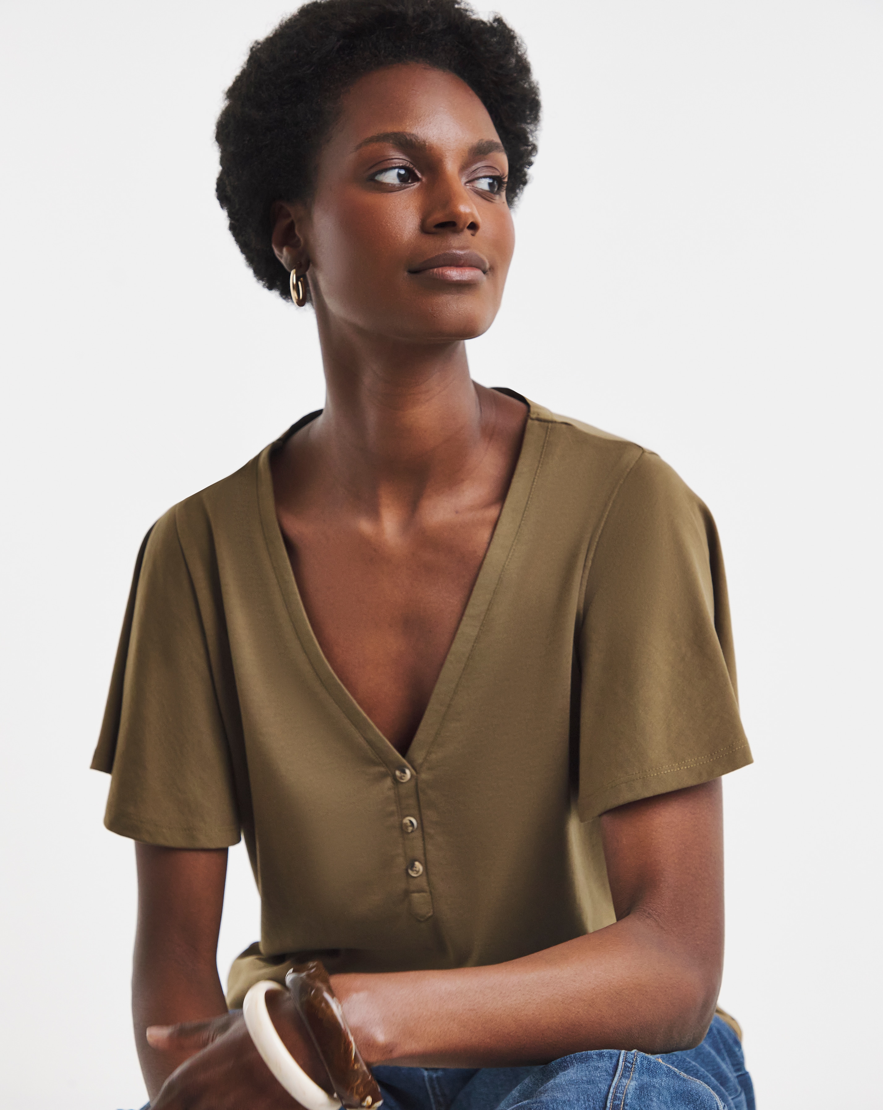 Khaki Button Front Frill Sleeve Top | JD Williams