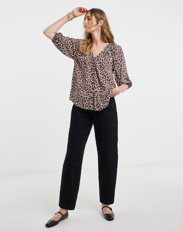 Animal Print Collarless Button Through Blouse