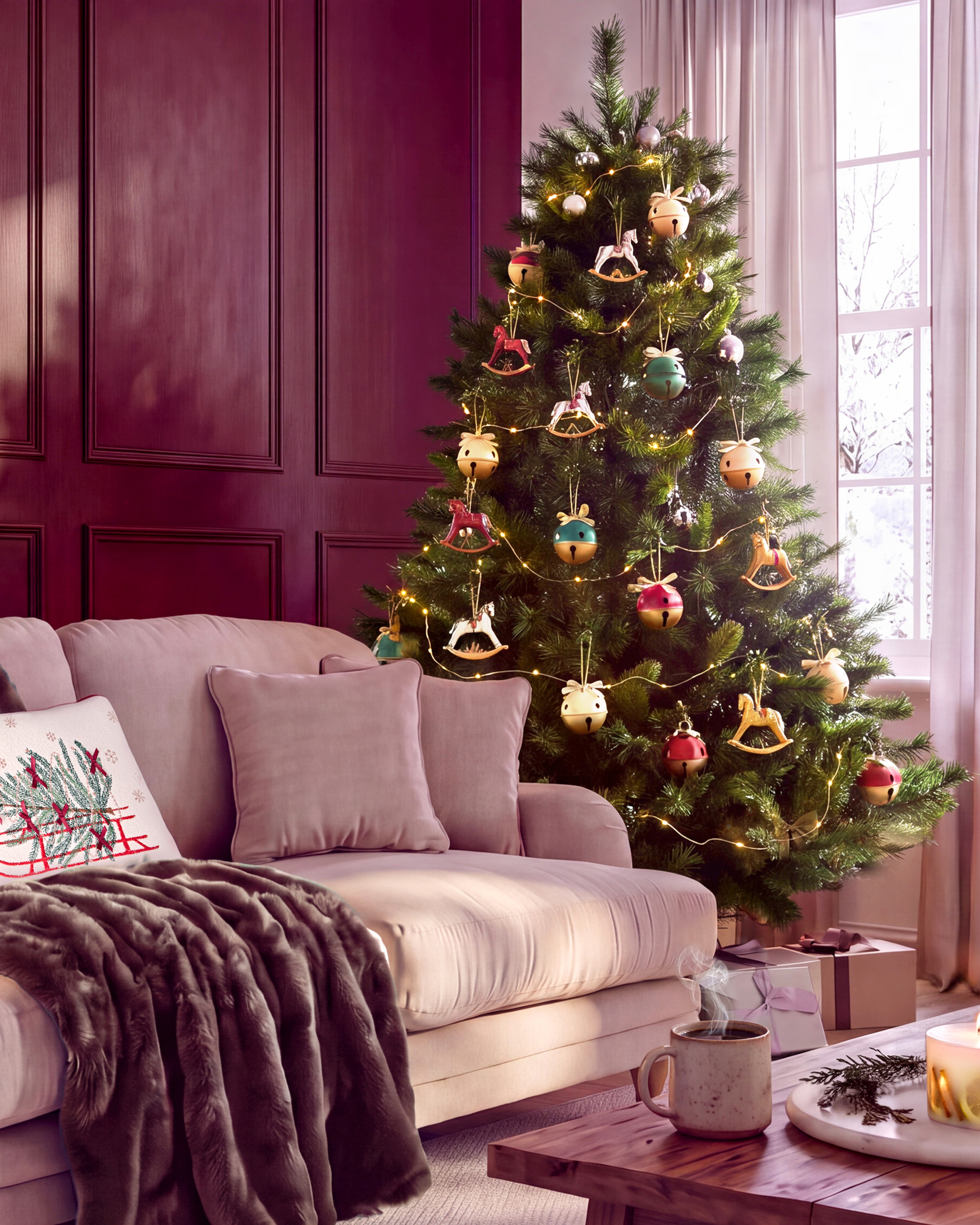 A dark pinky burgundy themed living room with a traditional Christmas tree in the corner of the room.