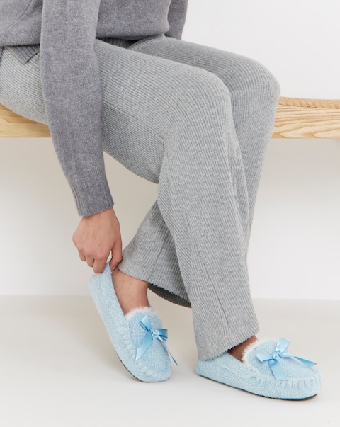 Lorna Knitted Full Slipper With Bow Detail - Extra Wide Fit (EEE)
