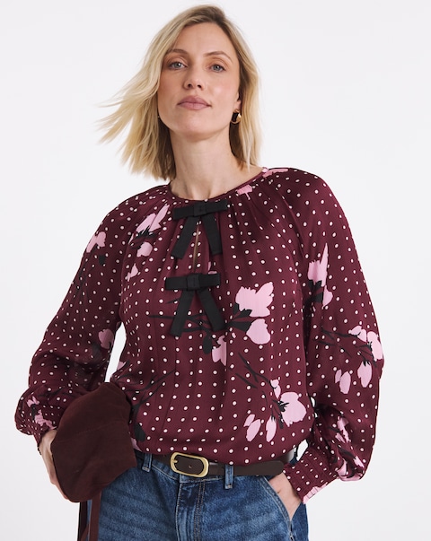 Burgundy Spot Floral Bow Front Satin Blouse