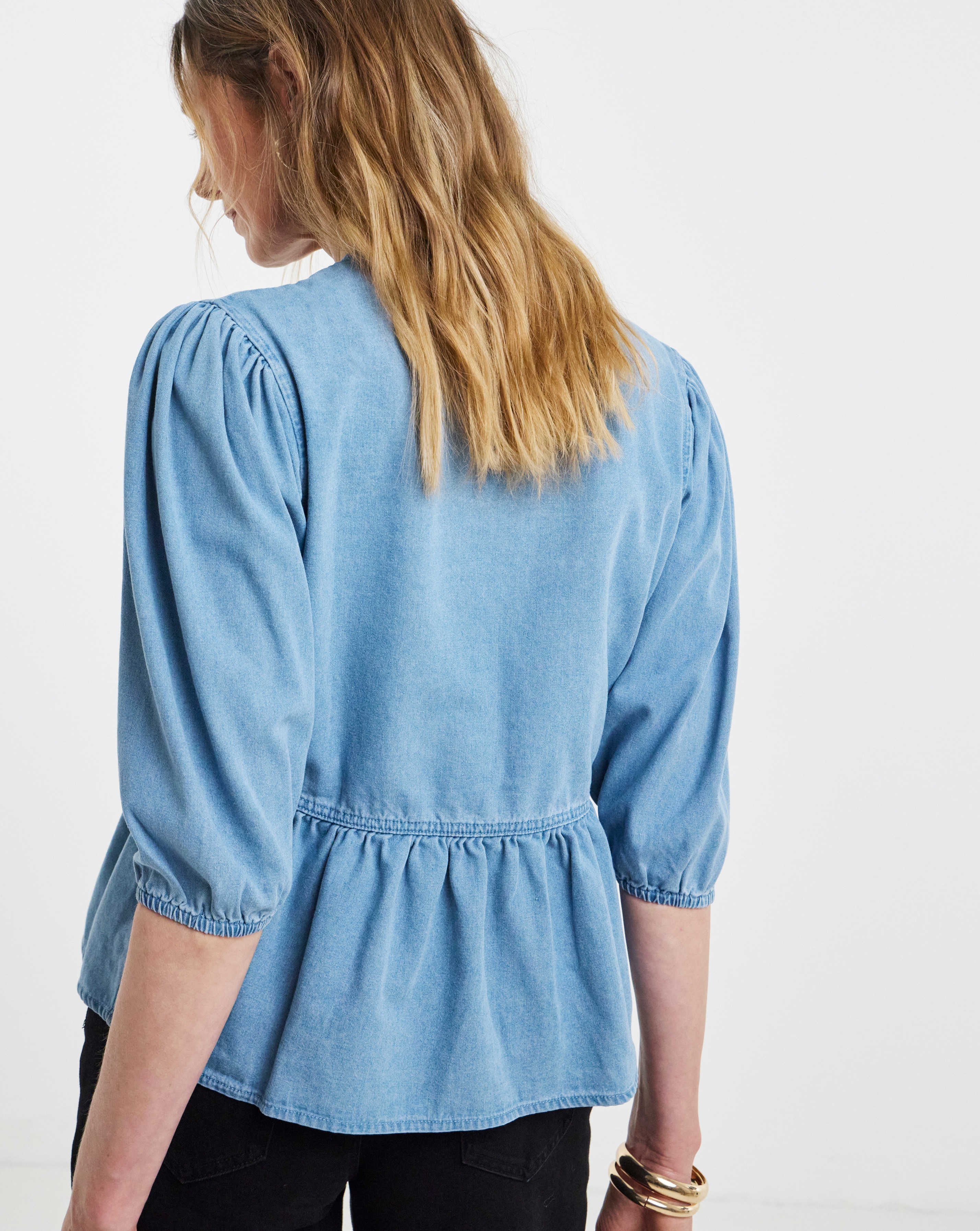 Liten Soufflé Peplum BL Light Blue Peplum Puff Sleeve Denim Top | JD Williams