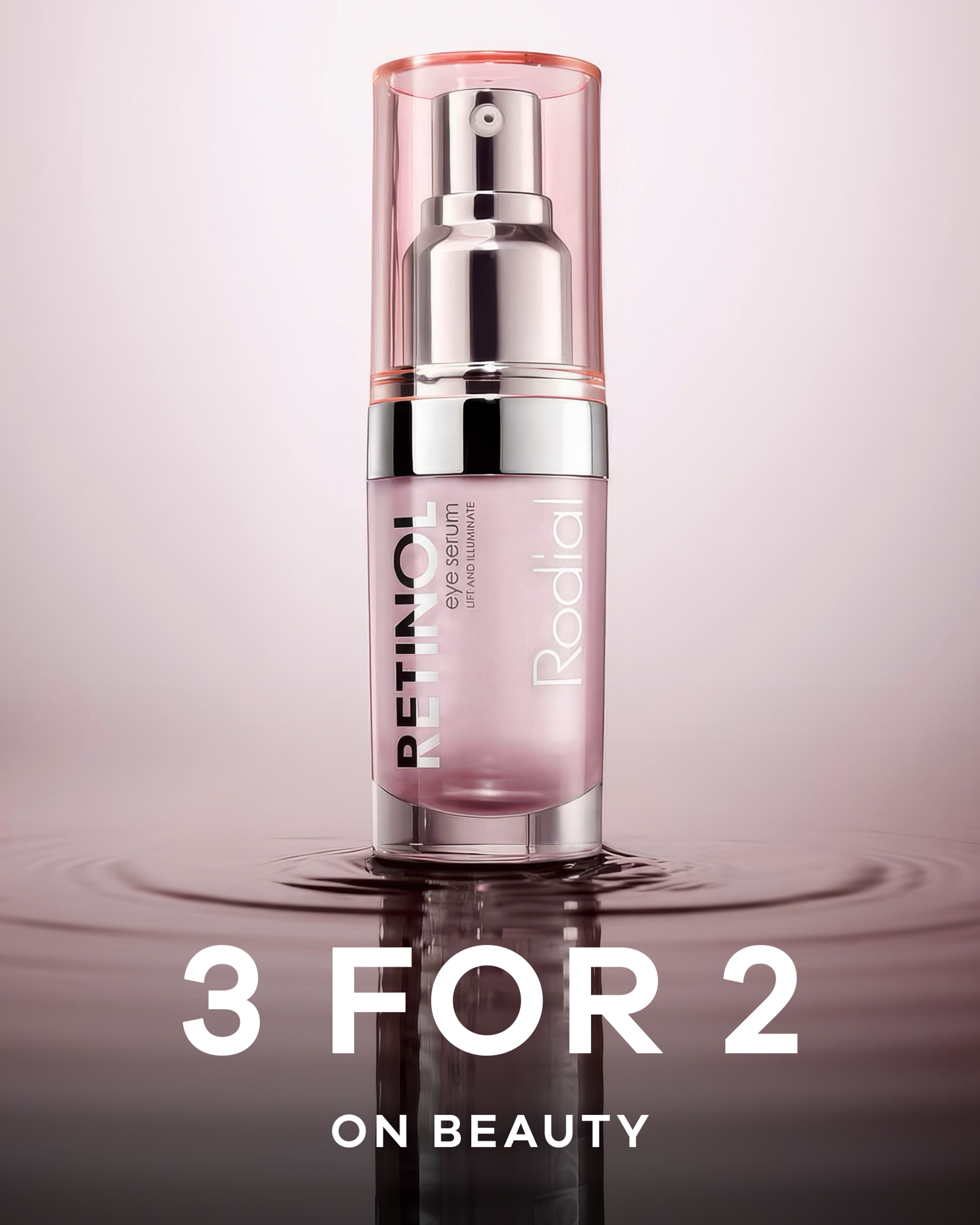 Rodial retinol eye gel stood in front of a pale pink background. 3 for 2 on beauty
