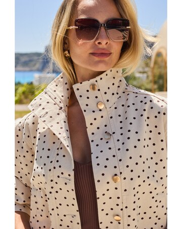 Sosandar Funnel Neck Polka Dot Denim Jacket With Gold Trims